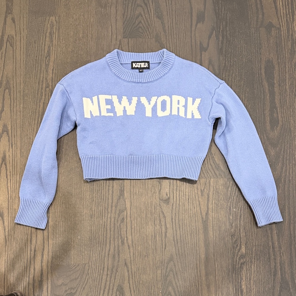 Katie J NYC Light Blue 'New York' Sweater Girls YXL worn 1x
